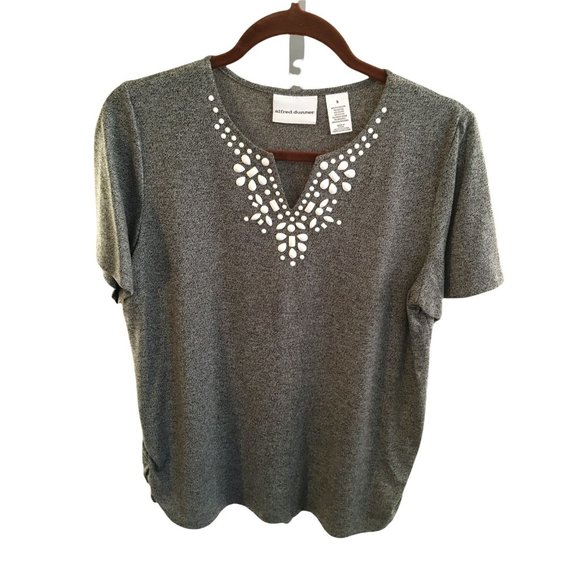 Alfred Dunner Tops - Alfred Dunner Blouse Gray Size Small Beaded Neckline V-Neck Short Sleeves Casual